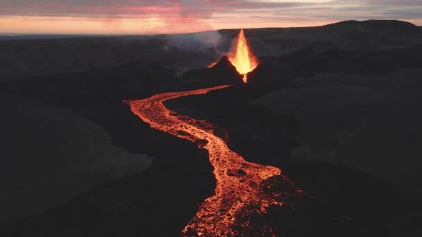 Volcano Erupting Magma Lava River Sunset Iceland Aerial Forward — Stock video