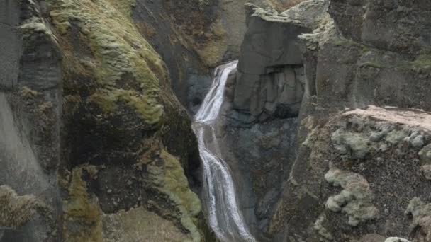 Stream Water Falling Rocks Fjadrargljufur Canyon Iceland Aerial — Video