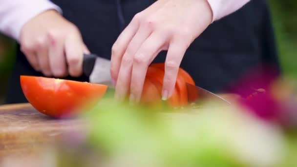 Woman Hands Using Kitchen Knife Cutting Fresh Tomato Wooden Cutting — Stok video