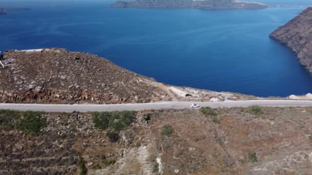Driving Santorini Coastline Travel Concept White Vehicle — Vídeo de Stock
