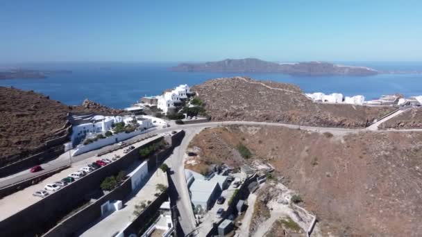 Aerial View White Car Driving Santorini Coast Line Travel Concept — Stockvideo