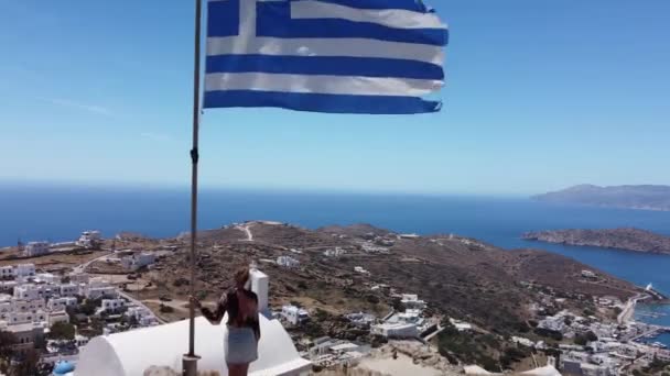 Aerial View Top Ios Island Greece Woman Greek Flag — Stok Video