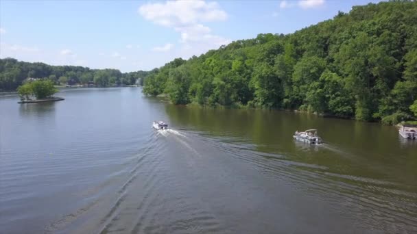 Drone Shot Two Pontoon Boats Lake Shannon Michigan — Video