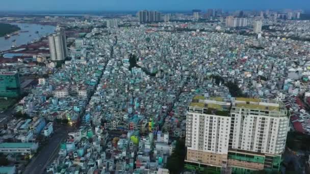Wide Drone Fly Densely Populated Area Port Saigon Chi Minh — Stockvideo