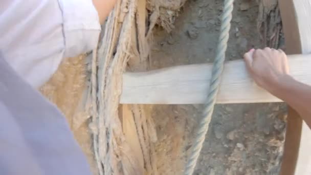 Girl Climbs Stairs Rope Desert Pov Point View — Stockvideo