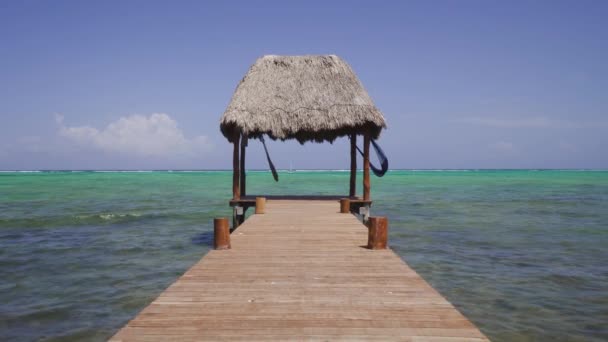 Peaceful Thatched Canopy Hammock Pier Overlooking Beautiful Caribbean Sea — Vídeo de Stock