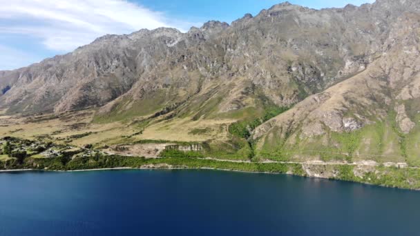 Cordillera Remarkables Ond Lakefront Lake Wakatipu Queenstown Nueva Zelanda Aéreo — Vídeos de Stock