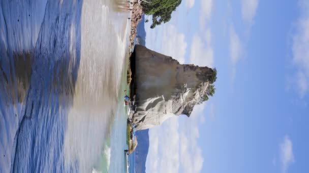 Vertikální Široký Záběr Vln Hoho Rock Katedrála Cove Beach Coromandel — Stock video
