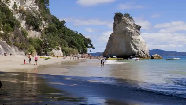 Wide Slow Panning Shot Waves Hoho Rock Cathedral Cove Beach — Vídeos de Stock