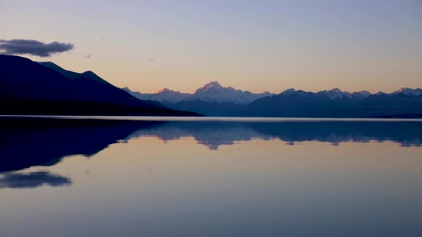 Široký Západ Slunce Skluzavka Mount Cook Lake Pukaki Odlesky Jasné — Stock video