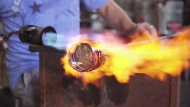 Glass Blower Heating Whiskey Glass Fire Flames — Video Stock