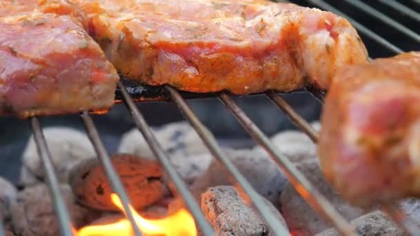 Filetes Cerdo Cocinados Con Carbón Caliente Carne Está Goteando Líquido — Vídeos de Stock