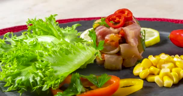 Close Delicious Ceviche Plate Table Top View Panning Slow Motion — Vídeo de Stock