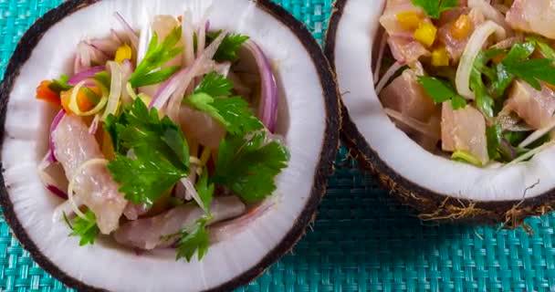 Top View Ceviche Dish Served Coconuts Slow Motion — Vídeo de Stock