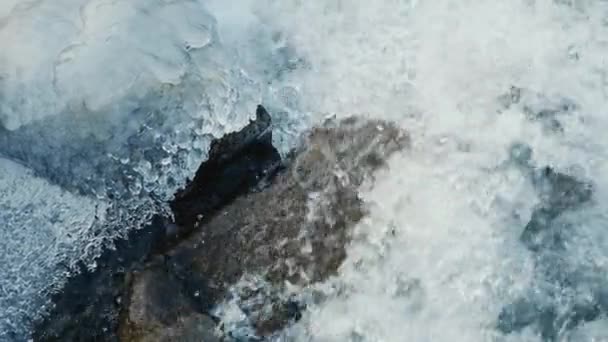 Strong Water Flow Frozen River Ice Close Slow Motion — Stock video