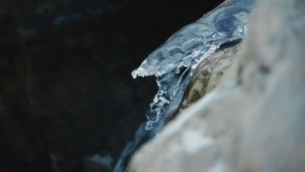 Вода Випадає Бурульки Замерзлій Річці Взимку Крупним Планом Повільний Рух — стокове відео