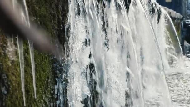 Multiple Waterfalls Frozen River Traveling Medium Shot Slow Motion — 图库视频影像