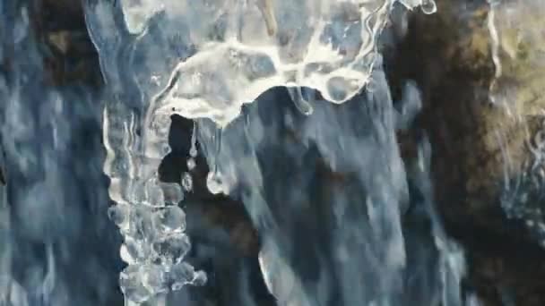 Icicle Frozen River Flowing Water Background Close Slow Motion — Stock Video