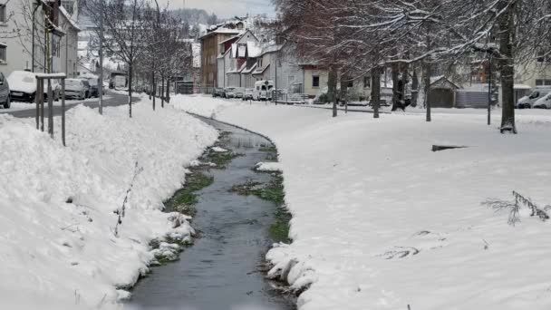 Snowy River Idyllic Calm Village Next Street Parking Cars Bright — Stok video