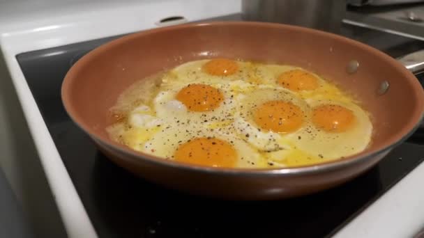 Sunny Side Eggs Frying Stove Top Pan Sprinkled Black Pepper — Stock Video