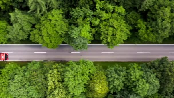 Lorries from above - driving fast over a straight street in a forest, filmed by travcking the heavy vehicles as top down shot from above