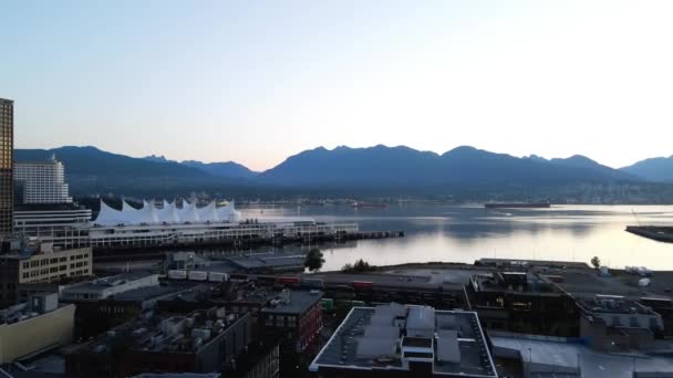 Aerial Drone Footage Downtown Vancouver Buildings Gastown Early Sunrise Morning — Stock Video