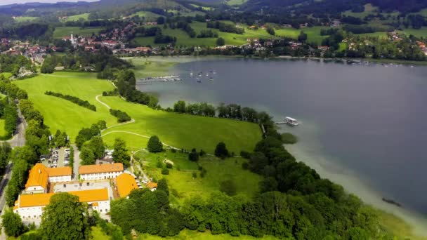 Beautiful Bavarian Tegernsee Aerial View Moored Ship Gmund Restaurant Gut — Stockvideo
