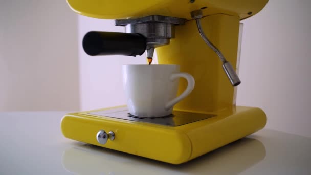 Freshly Brewed Coffee Dripping Cup Portafilter Yellow Nespresso Machine Close — Wideo stockowe