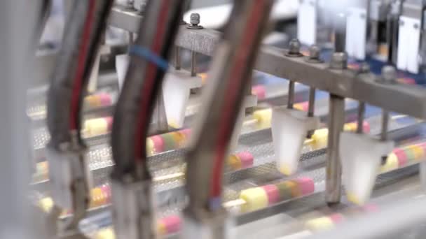 Popsicle Icecream Factory Producing Production Line Machine Separating Them Prepare — Stock Video