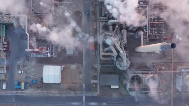 Aerial Top View Sunrise Steel Factory High Factory Smoke Coming — Stockvideo