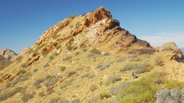Senderista Lejano Camina Través Del Pico Cubierto Matorrales Rocosos Australia — Vídeo de stock