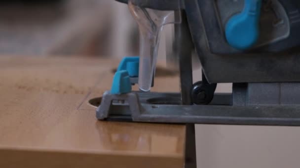 Close Electric Sawing Machine Cutting Wooden Board Slow Motion — Video