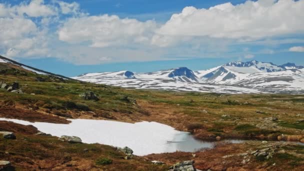 Snow Covered Sylarna Mountain Range Cloudy Blue Sky Sweden Wide — Stok video