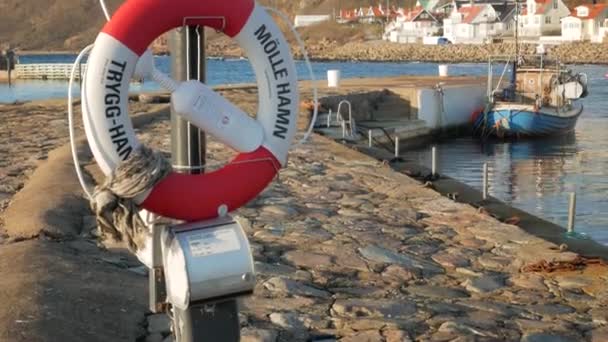 Molle Port Mlle Hamm Trygg Hamn Imprinted Lifebuoy Hanged Post — Stock Video