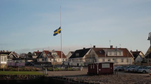 Swedish Flag Swaying Gentle Breeze Molle Locality Hoganas Skane County — стокове відео