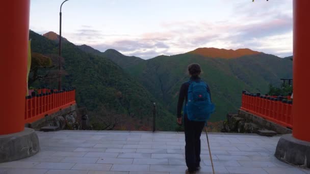 Person Walks Torii Gate Front Dusk Mountain Ladscape Japan — Stockvideo