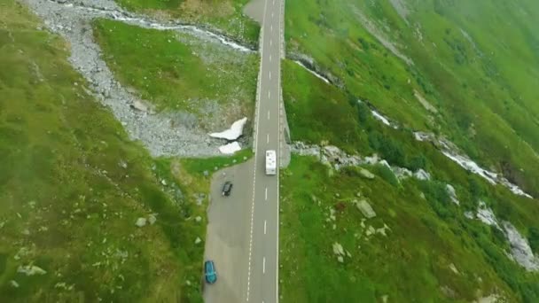 Aerial Caravan Driving Mountain Road Waterfall Switzerland — Wideo stockowe