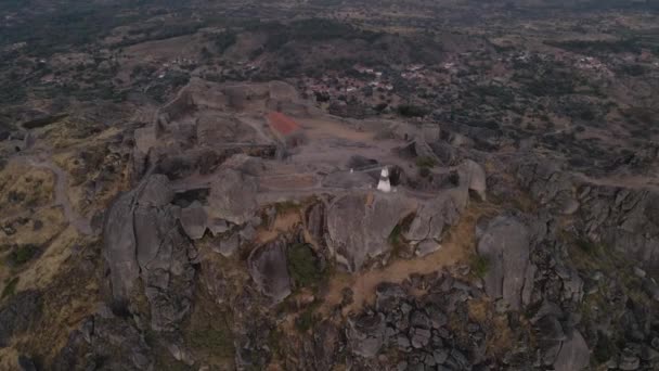 Aerial Drone Circling Evocative Monsanto Hilltop Fortress Portugal — 图库视频影像