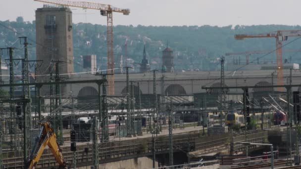 Stuttgart Central Train Station Trains Rails Distance Cranes — 图库视频影像