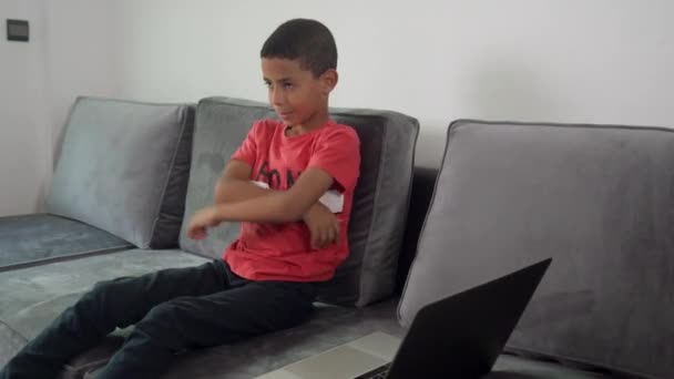 Angry Child Sat Sofa Arms Crossed Close — Stock Video