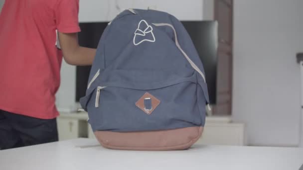 Elementary Student Going School Took His Backpack Table Close — Stockvideo