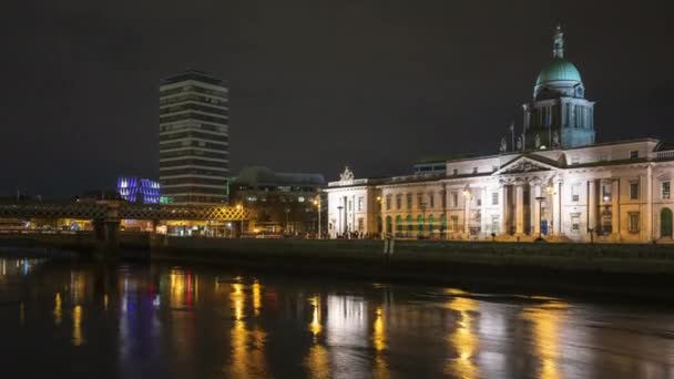 Time Lapse Custom House Historical Building Dublin City Night Reflection — Stock Video