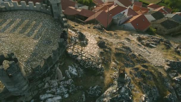 Girl Walks Stairs Stone Path Folgosinho Castle Group Tourists Walk — Video