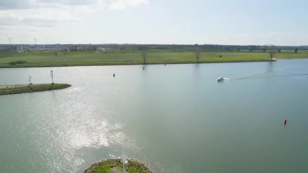 Aerial View Small Speedboat Sailing River Countryside — Vídeos de Stock