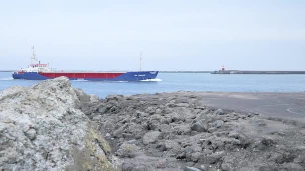 Large Container Ship Entering Ijmuiden Harbour Netherlands — Stock video