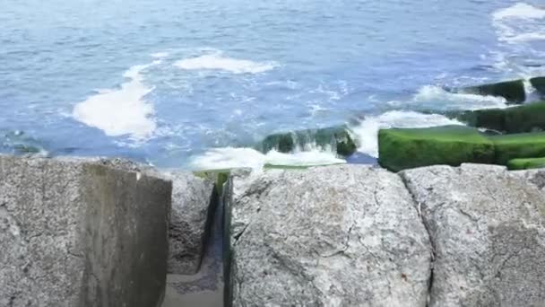 Sea Waves Crashing Mossy Wave Breaker Rocks Pan Shot — 图库视频影像