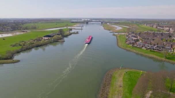 Reversing Rising Aerial View Red Boat Ricer Dutch Countryside — Video