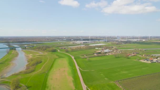 Aerial View Approaching Wind Turbines Dutch Countryside — Stock Video