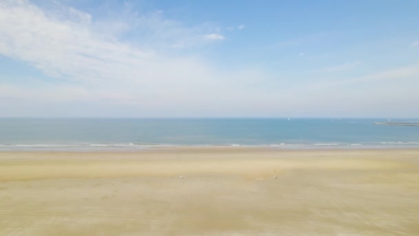Rising Aerial View Beach Approaching Ocean Blue Sky — Stockvideo