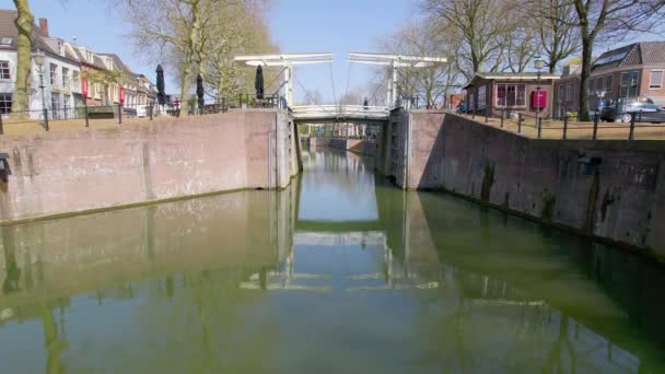 People Walk Foot Bridge Dutch Canal — Video Stock